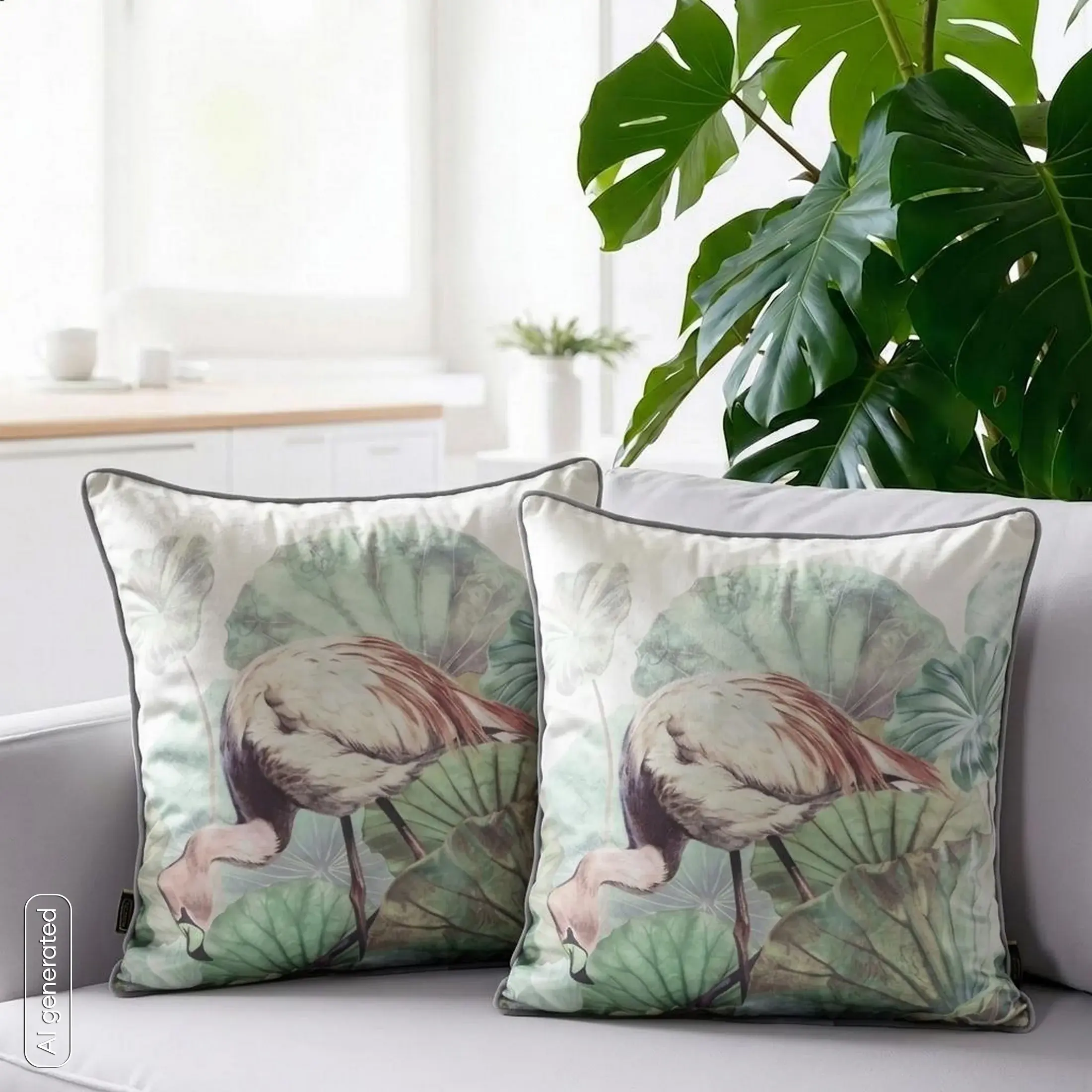 Poszewka na poduszkę 45x45 cm welwetowa, zielono pudrowa zdobiona egzotycznym nadrukiem VELVET 195 Eurofirany Premium