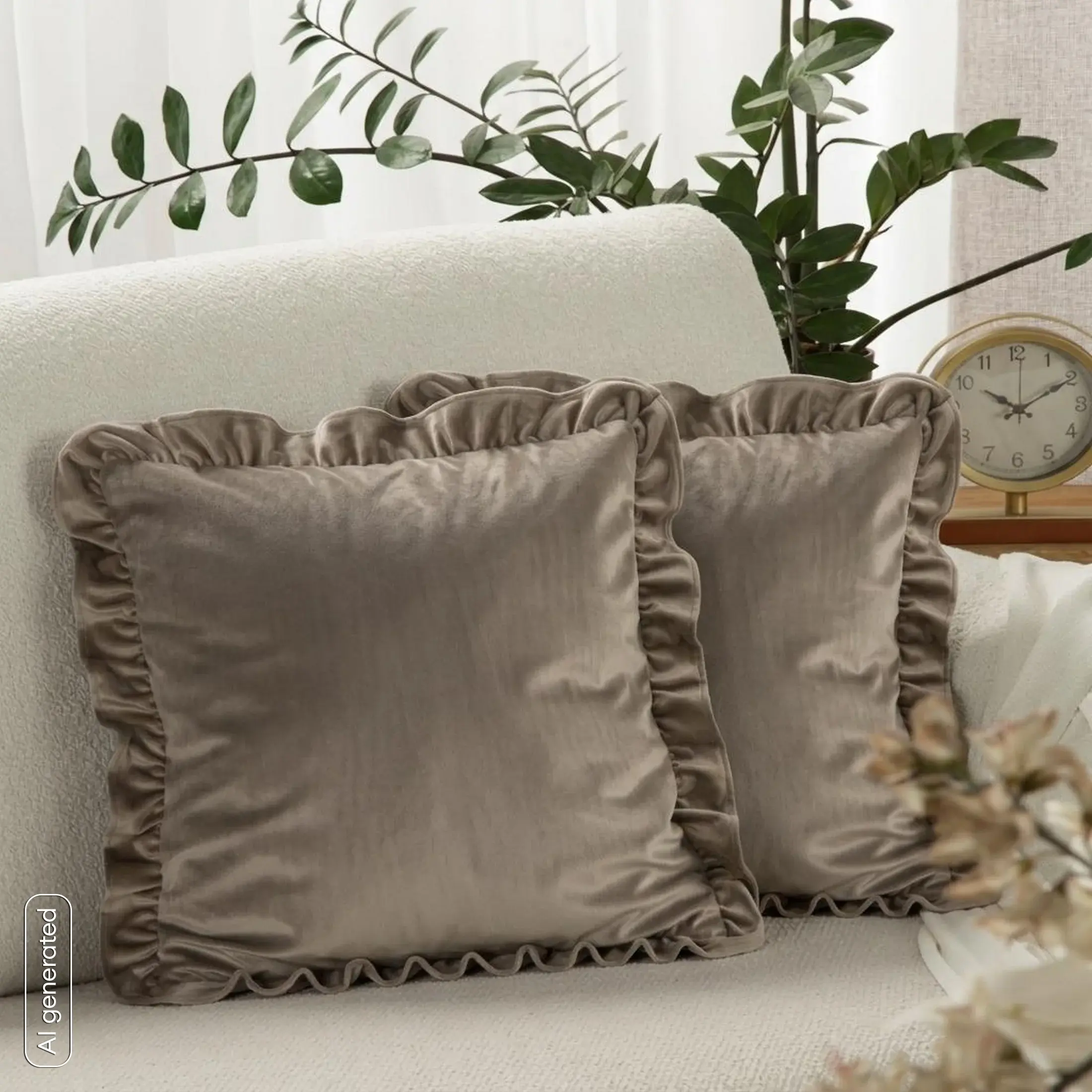 Poszewka na poduszkę 45x45 cm z aksamitnego welwetu ciemnobeżowa zdobiona na brzegach falbanami BRENDA Eurofirany Premium