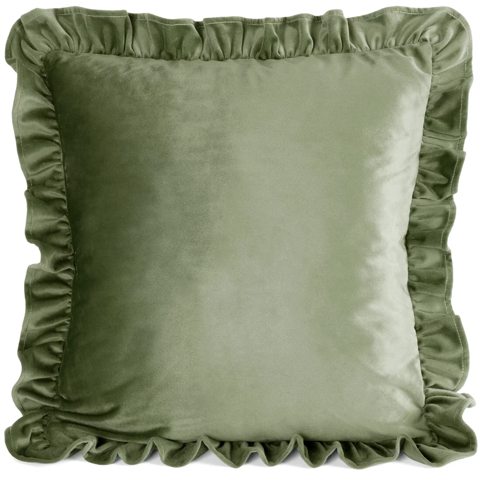 Poszewka na poduszkę 45x45 cm z aksamitnego welwetu oliwkowa zdobiona na brzegach falbanami BRENDA Eurofirany Premium