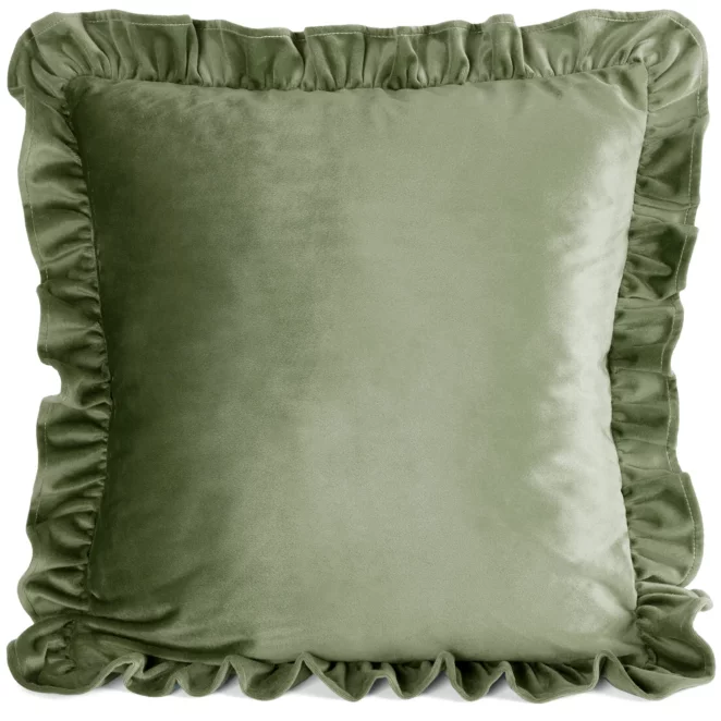 Poszewka na poduszkę 45x45 cm z aksamitnego welwetu oliwkowa zdobiona na brzegach falbanami BRENDA Eurofirany Premium