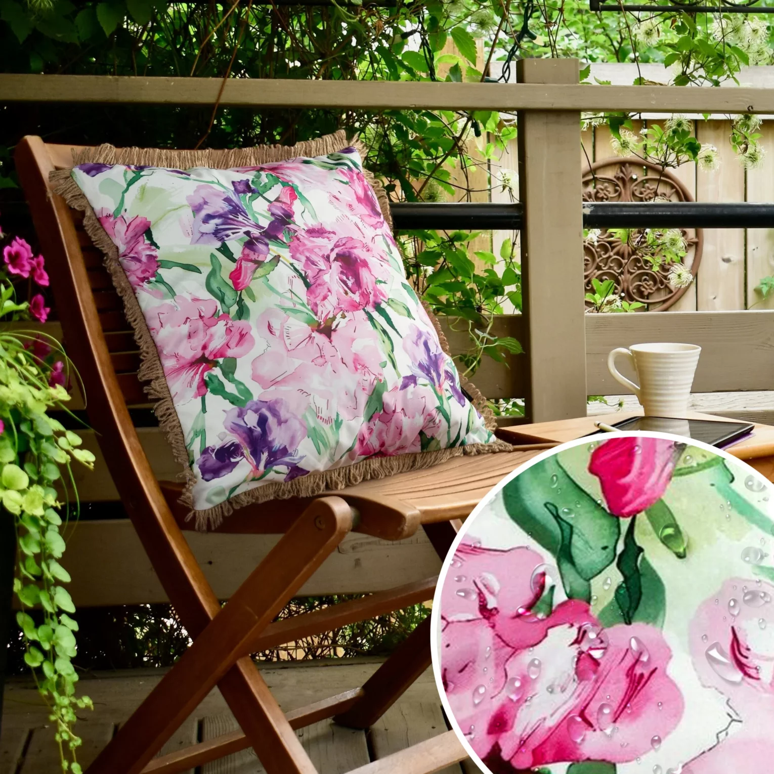 Poszewka na poduszkę 45x45 cm z tkaniny wodoodpornej różowo, fioletowa idealna na taras oraz balkon zdobiona nadrukiem kwiatów i frędzli GARDEN