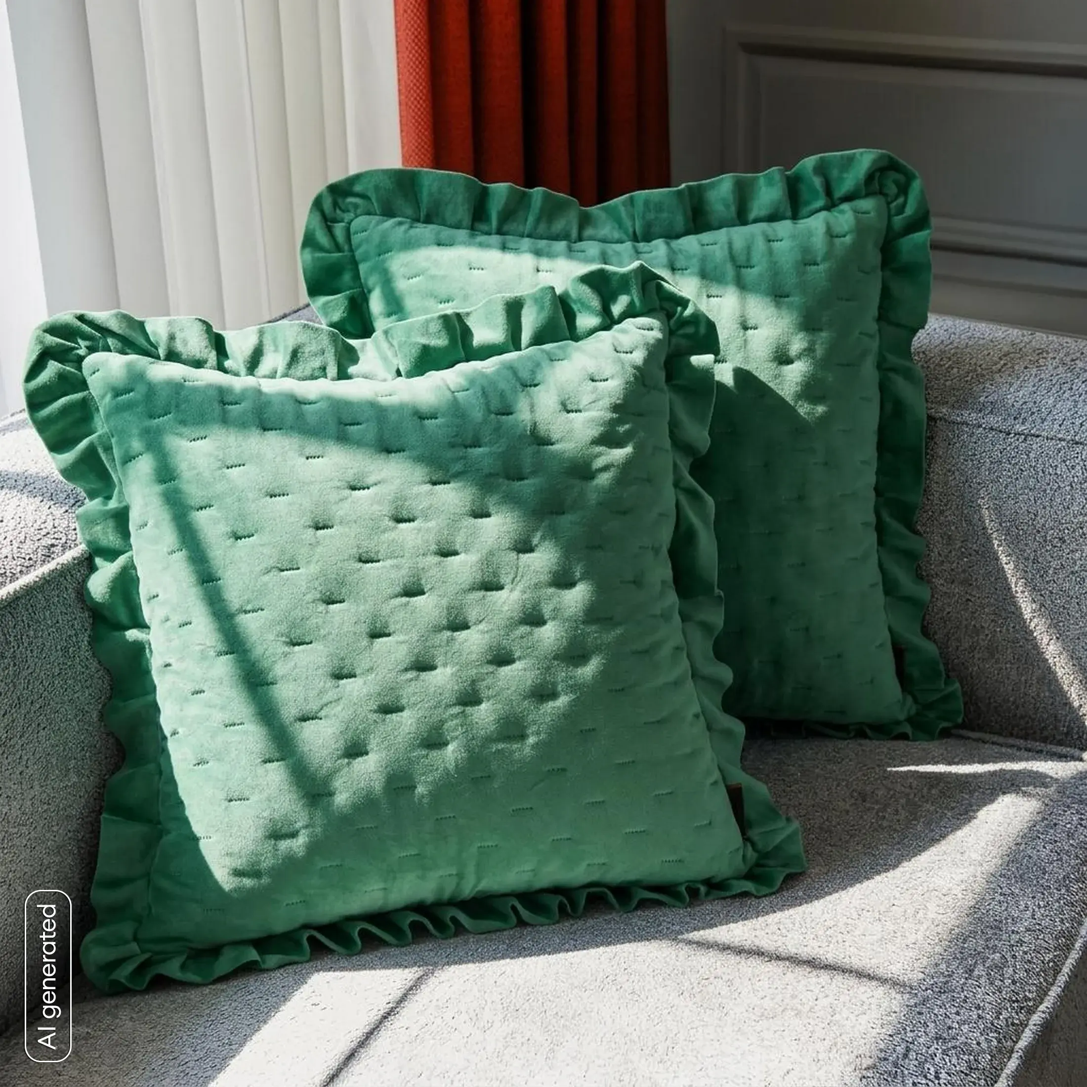 Poszewka na poduszkę 45x45 cm zielona z falbaną z matowej tkaniny pikowana w drobny wzorek techniką hot press