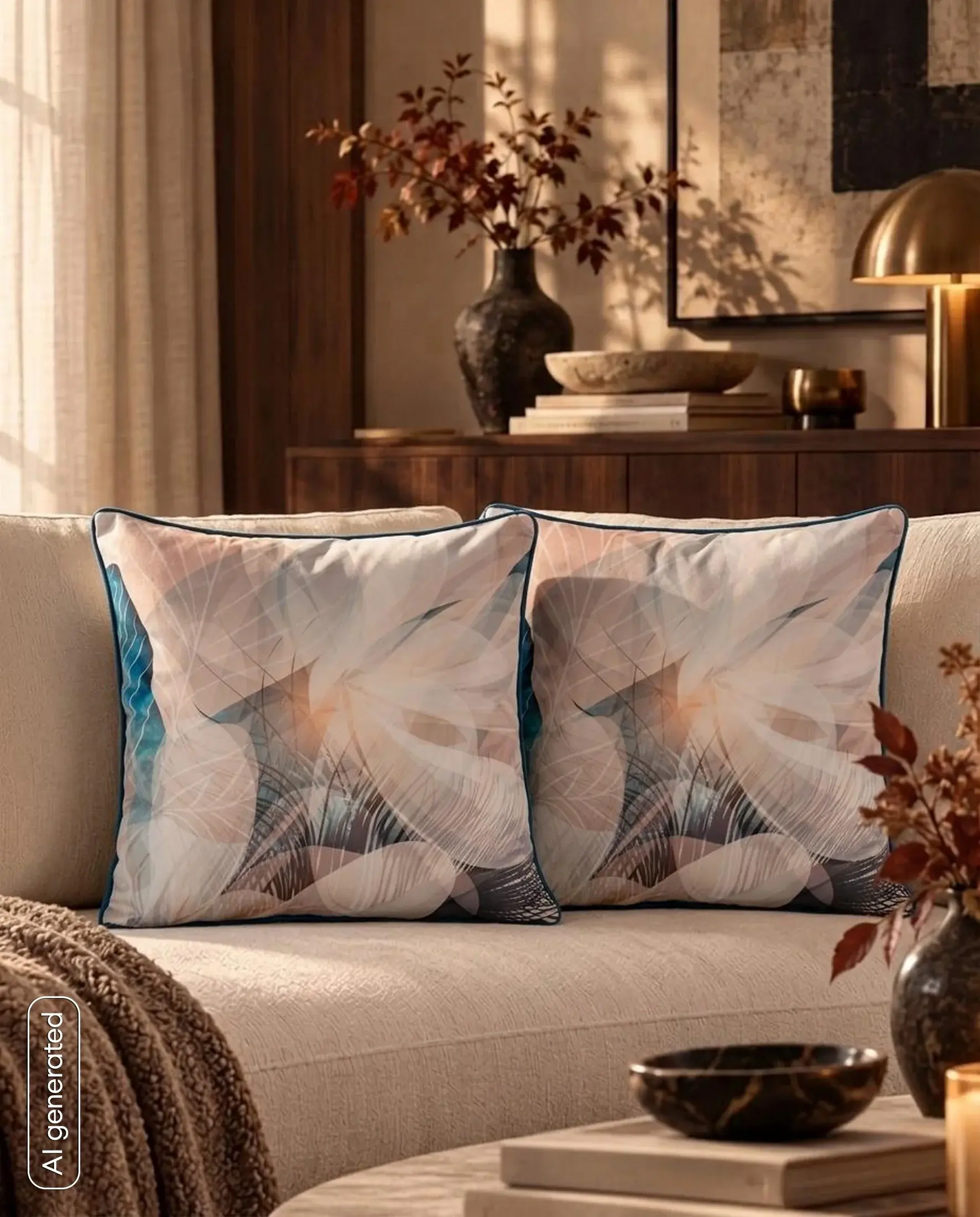 Poszewka na poduszkę 60x60 cm welwetowa, kremowo niebieska z designerskim nadrukiem zwierzęcym i ozdobną wypustką EVA 3 Eva Minge