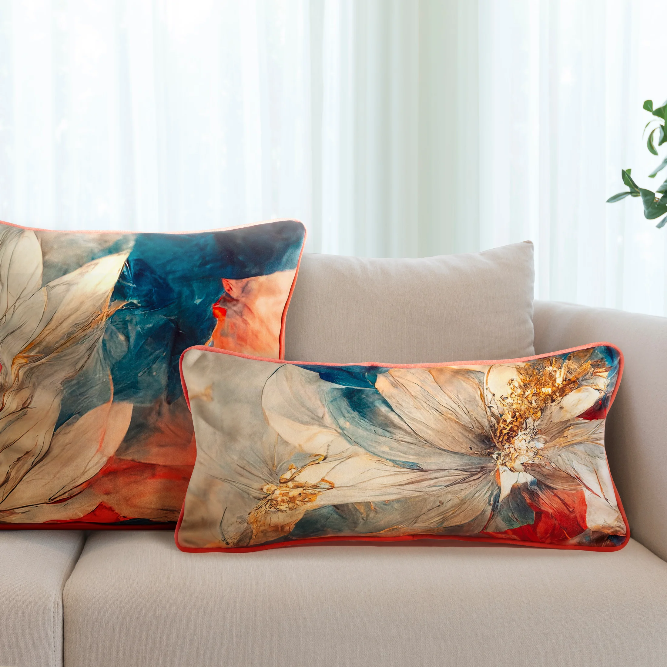 Poszewka na poduszkę 60x60 cm welwetowa, turkusowo pomarańczowa z designerskim nadrukiem i wypustką na brzegach AMIRA Eva Minge