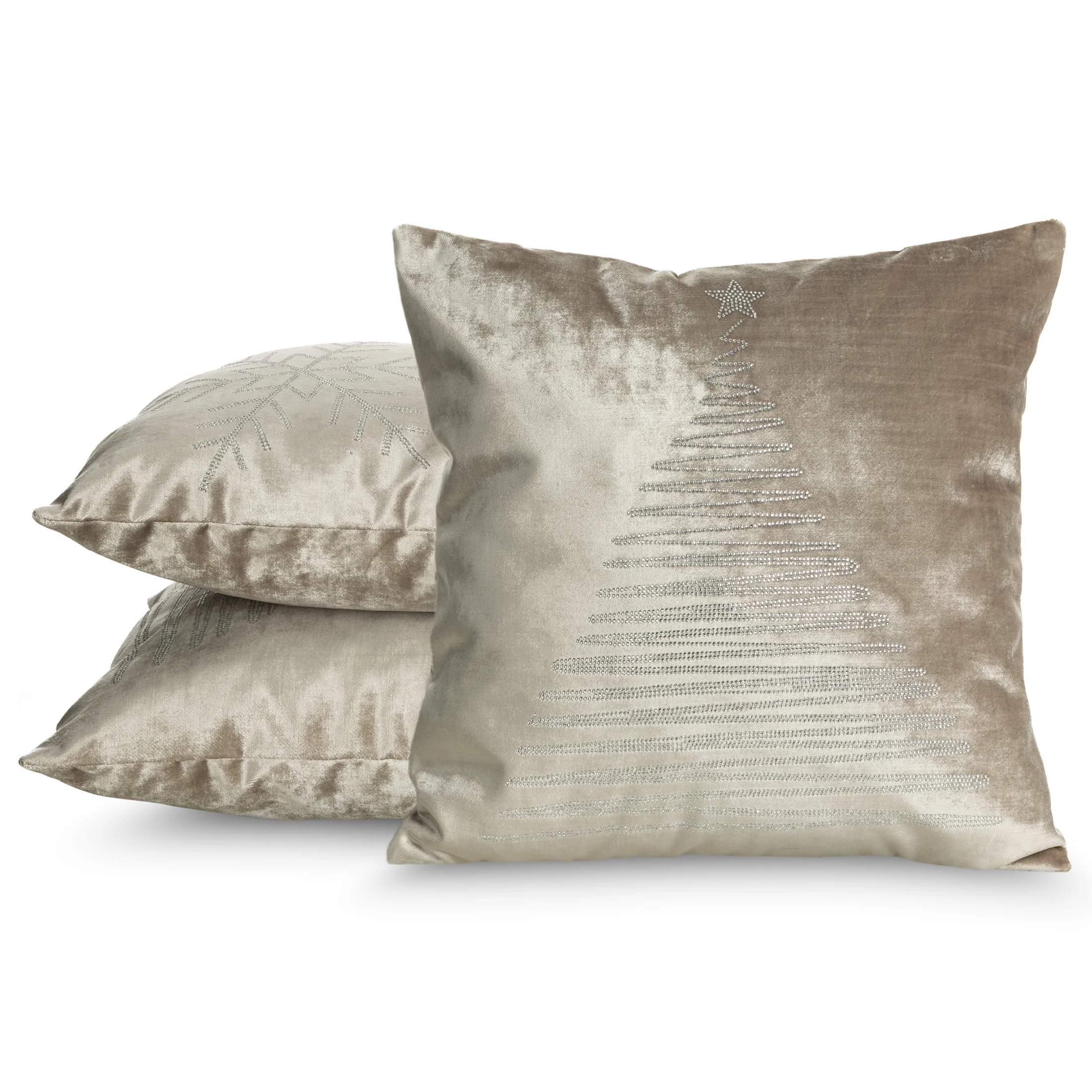 Poszewka na poduszkę świąteczna 45x45 cm beżowo, srebrna welwetowa zdobiona diamencikami ROYAL