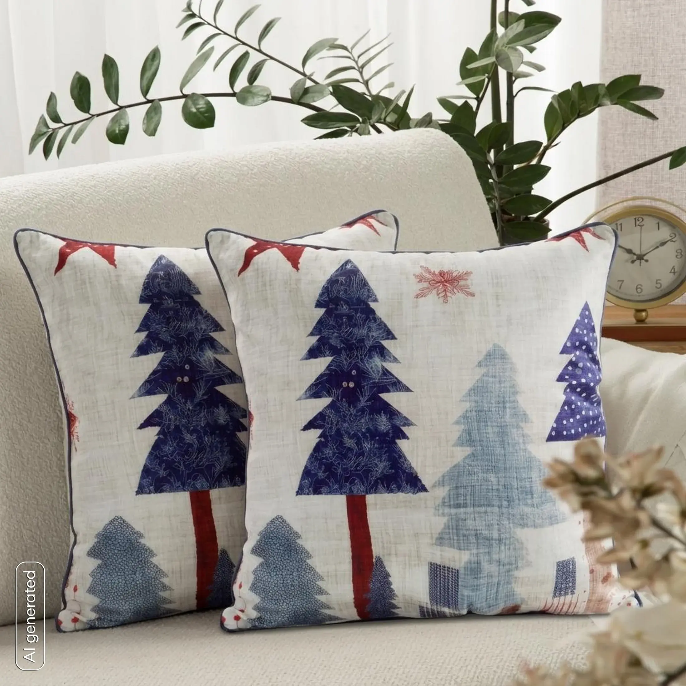 Poszewka na poduszkę świąteczna 45x45 cm biało, granatowa zdobiona uroczym nadrukiem i elegancką wypustką