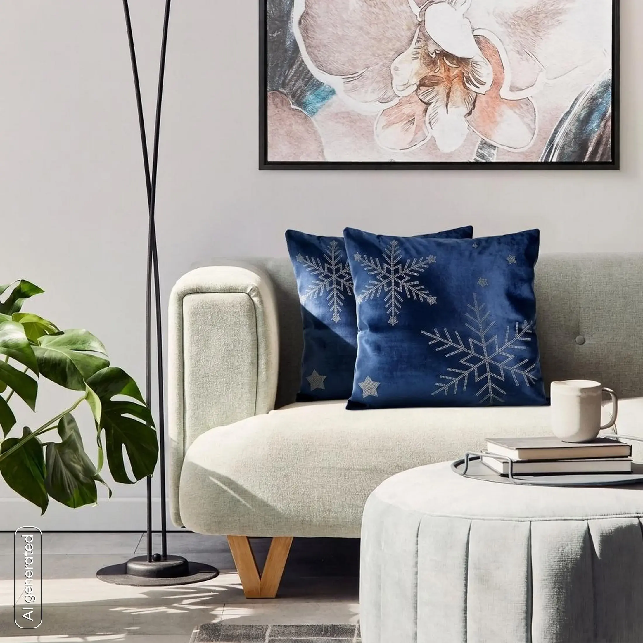 Poszewka na poduszkę świąteczna 45x45 cm granatowo, srebrna welwetowa zdobiona motywem śnieżynek z lśniących kryształków