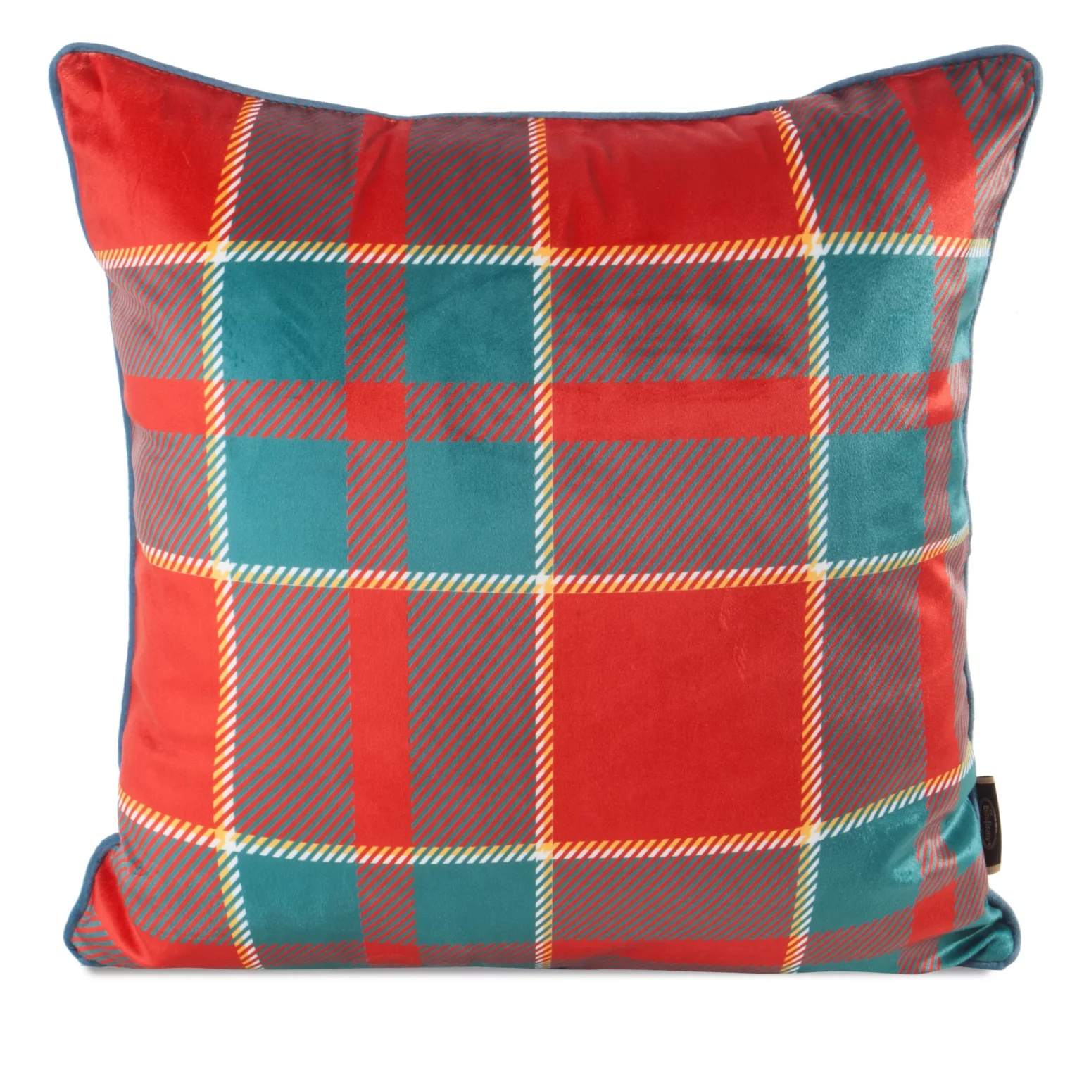 Poszewka na poduszkę świąteczna 45x45 cm welwetowa czerwono, zielona w kratę zdobiona elegancką wypustką