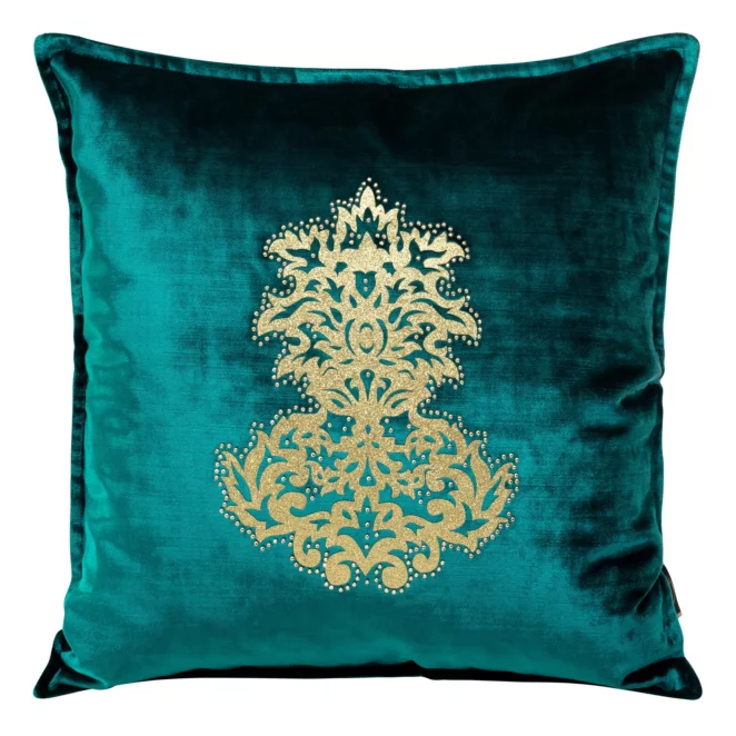 Poszewka na poduszkę 45x45 cm welwetowa, ciemnoturkusowa ze złotym ornamentem ROYAL 4