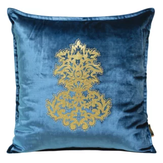 Poszewka na poduszkę 45x45 cm welwetowa, niebieska ze złotym ornamentem ROYAL 4