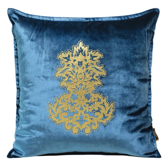 Poszewka na poduszkę 45x45 cm welwetowa, niebieska ze złotym ornamentem ROYAL 4