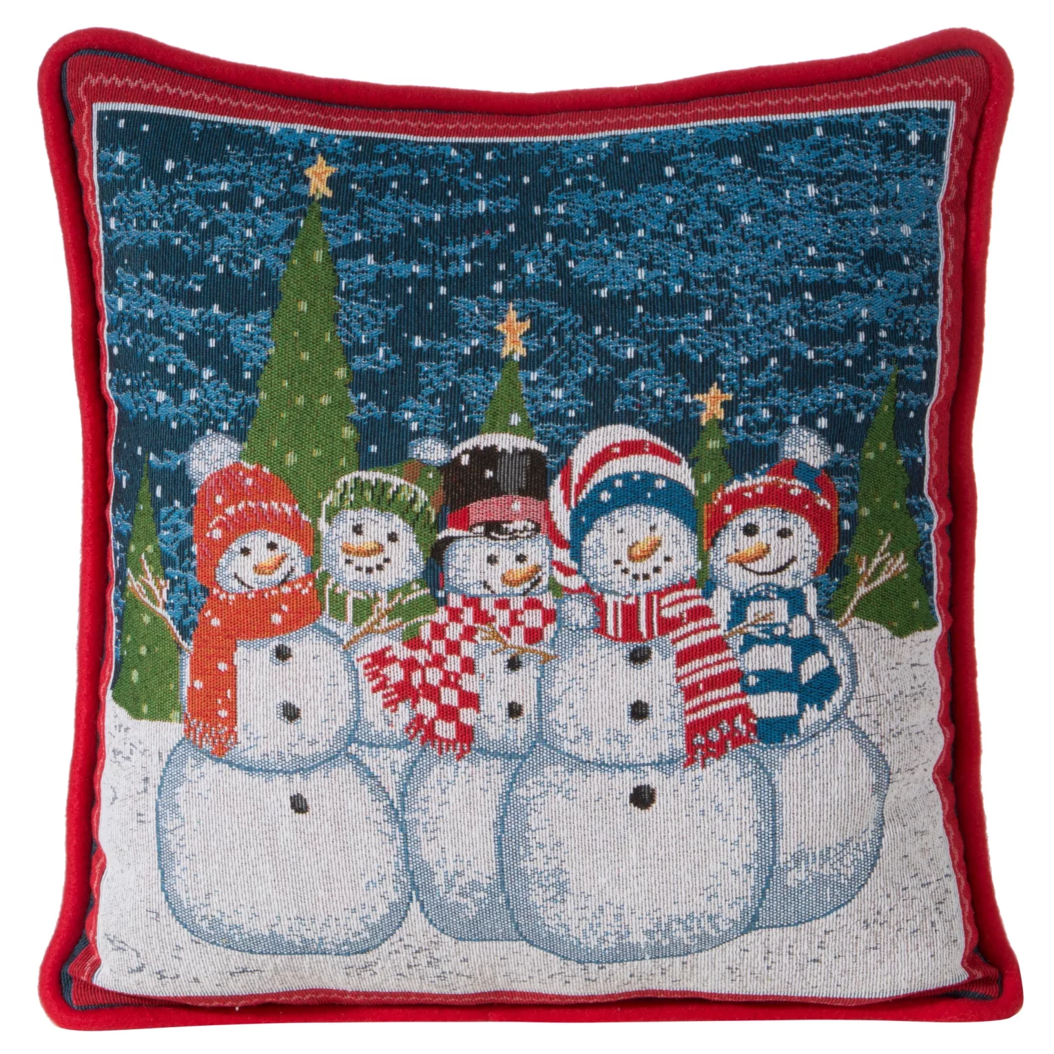 Poszewka na poduszkę 45x45 cm czerwono, niebieska z motywem bałwanków z miękką wypustką na brzegach XMAS
