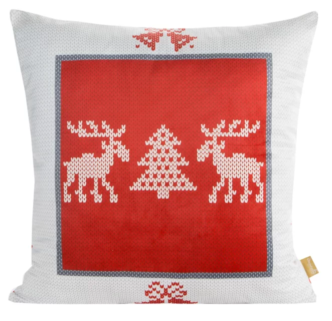 Poszewka na poduszkę 60x60 cm welwetowa, czerwono biała z motywem skandynawskim NOEL