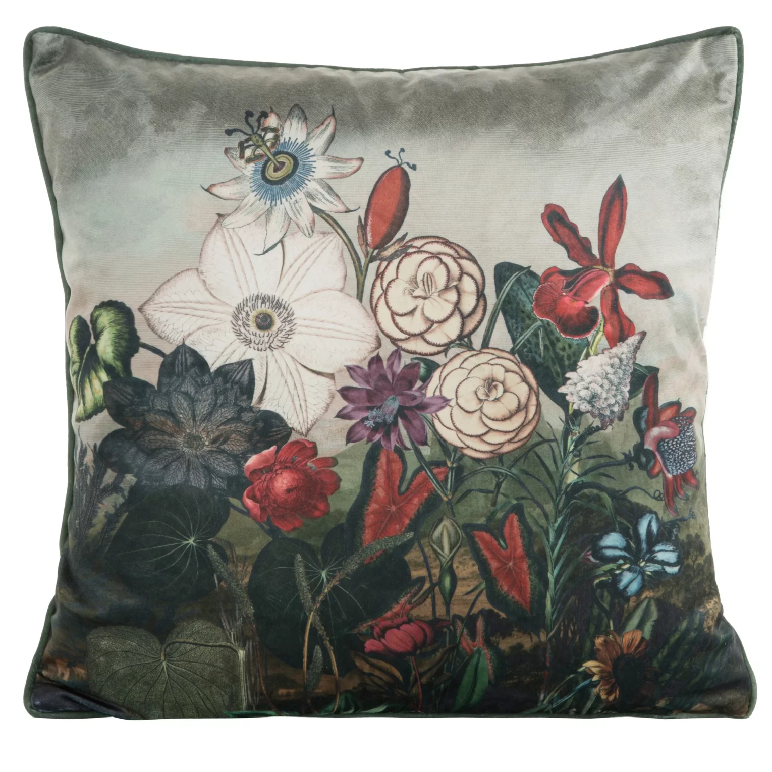 Poszewka na poduszkę 45x45 cm welwetowa, zielono czerwona zdobiona nadrukiem kwiatów i elegancką lamówką VELVET 106