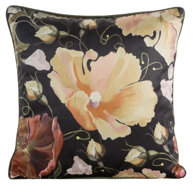 Poszewka na poduszkę 45x45 cm welwetowa, czarno miodowa zdobiona nadrukiem kwiatów i elegancką lamówką VELVET 115