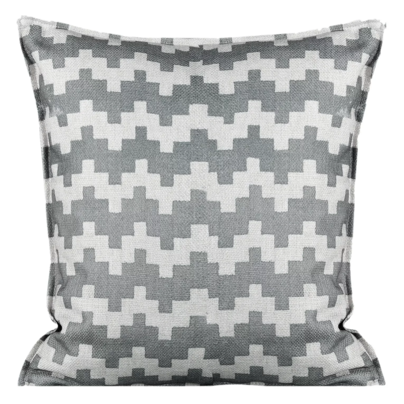 Poszewka na poduszkę 45x45 cm welwetowa stalowo, beżowa z geometrycznym nadrukiem i wypustką na brzegach GEO