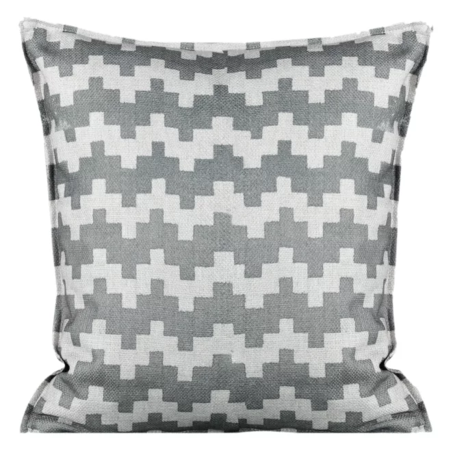 Poszewka na poduszkę 45x45 cm welwetowa stalowo, beżowa z geometrycznym nadrukiem i wypustką na brzegach GEO