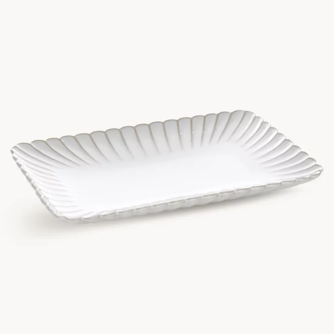 Patera ceramiczna dekoracyjna kremowo-beżowa prostokątna zdobiona przecieranym wzorem w stylu eko 32x20x3 cm AVRIL