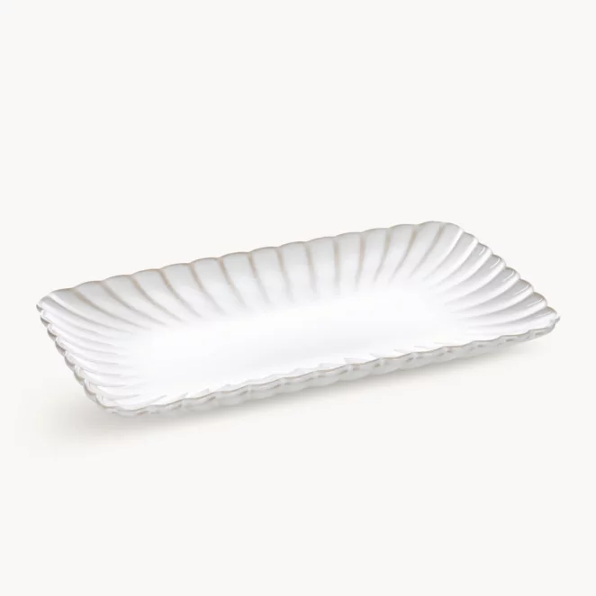 Patera ceramiczna dekoracyjna kremowo-beżowa prostokątna zdobiona przecieranym wzorem w stylu eko 25x15x3 cm AVRIL