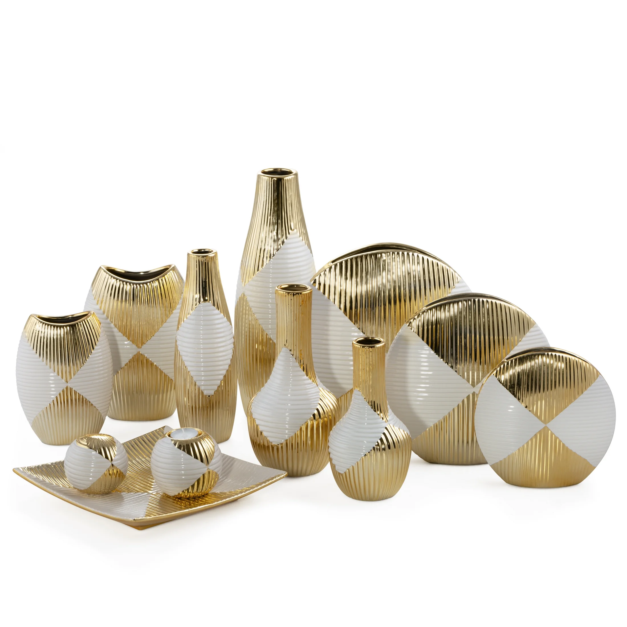 Wazon ceramiczny biało-złoty z geometrycznym wzorem