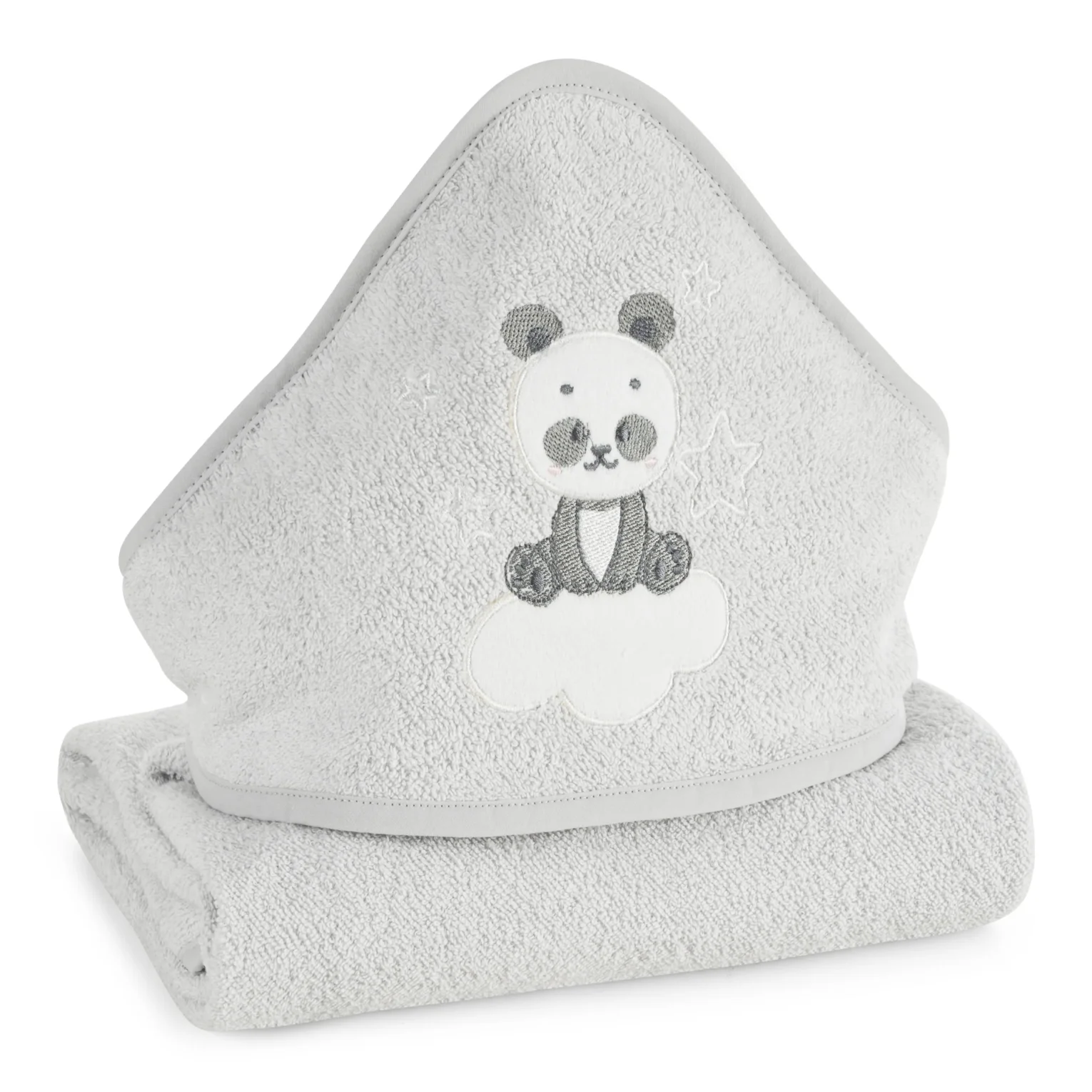 Ręcznik kąpielowy dziecięcy 100x100 cm bawełniany kolor srebrny z kapturem i haftem pandy 350g/m2 BABY 63