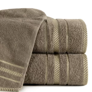 Ręcznik kąpielowy 50x90 cm bawełniany kolor brązowy z bordiurą podkreśloną żakardowymi paseczkami 480 g/m2 KORAL