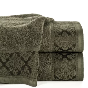 Ręcznik do rąk 30x50 cm bawełniany kolor ciemnooliwkowy z żakardowym wzorem ornamentów 500 g/m2 SARA