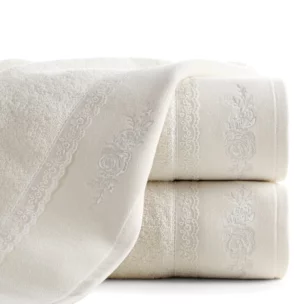Ręcznik do rąk 30x50 cm bawełniany kolor kremowy z koronką oraz subtelnym haftem 500 g/m2 SISI