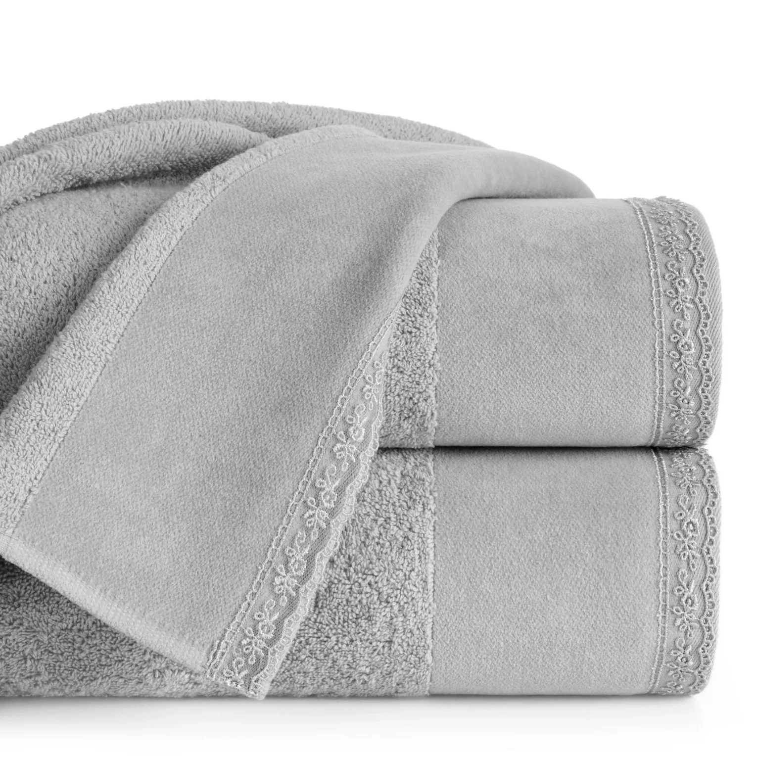 Ręcznik do rąk 30x50 cm bawełniany kolor srebrny z koronkową bordiurą 500 g/m2 EMI