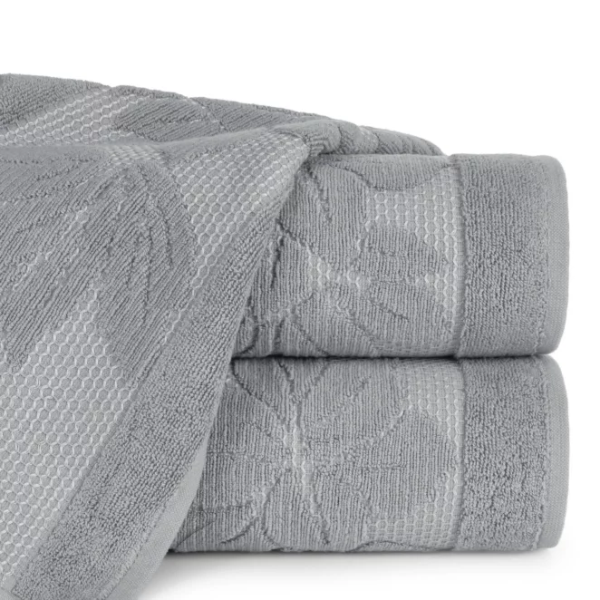 Ręcznik do rąk 30x50 cm bawełniany kolor stalowy z wytłaczaną bordiurą w kwiaty 500 g/m2 ROSE