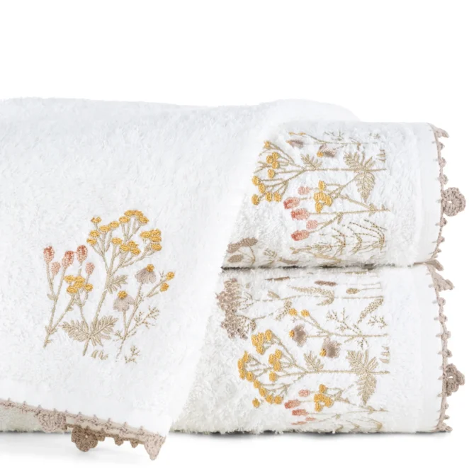 Ręcznik do rąk 70x140 cm bawełniany kolor biały z ozdobnym roślinnym haftem 480 g/m2 MELI - kolekcja FIORE
