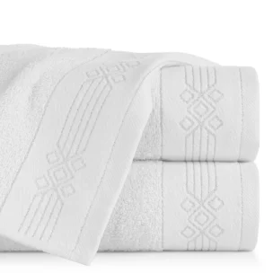 Ręcznik kąpielowy 50x90 cm bawełniany kolor biały z geometrycznym ornamentem 520 g/m2 KAMELA