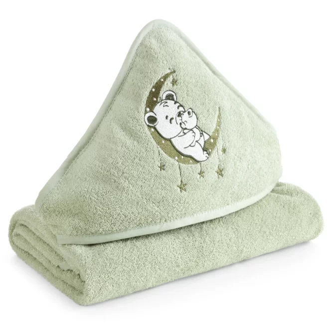 Ręcznik kąpielowy 100x100 cm bawełniany kolor miętowy z kapturem i aplikacją misia 450 g/m2 BABY 74