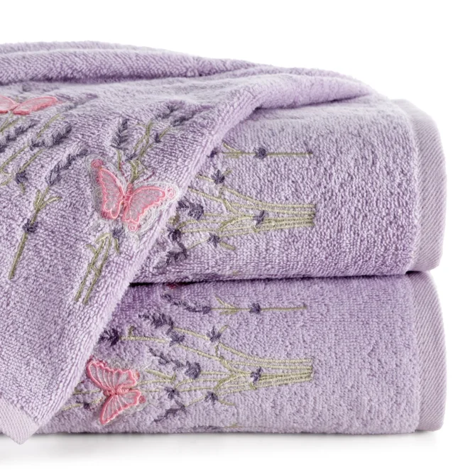 Ręcznik kąpielowy 50x90 cm bawełniany fioletowy z haftem lawendy i motyli 500 g/m2 VIKI