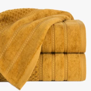 Ręcznik kąpielowy 50x90 cm bawełniany kolor miodowy z ozdobną bordiurą w paseczki 500 g/m2 ADORE