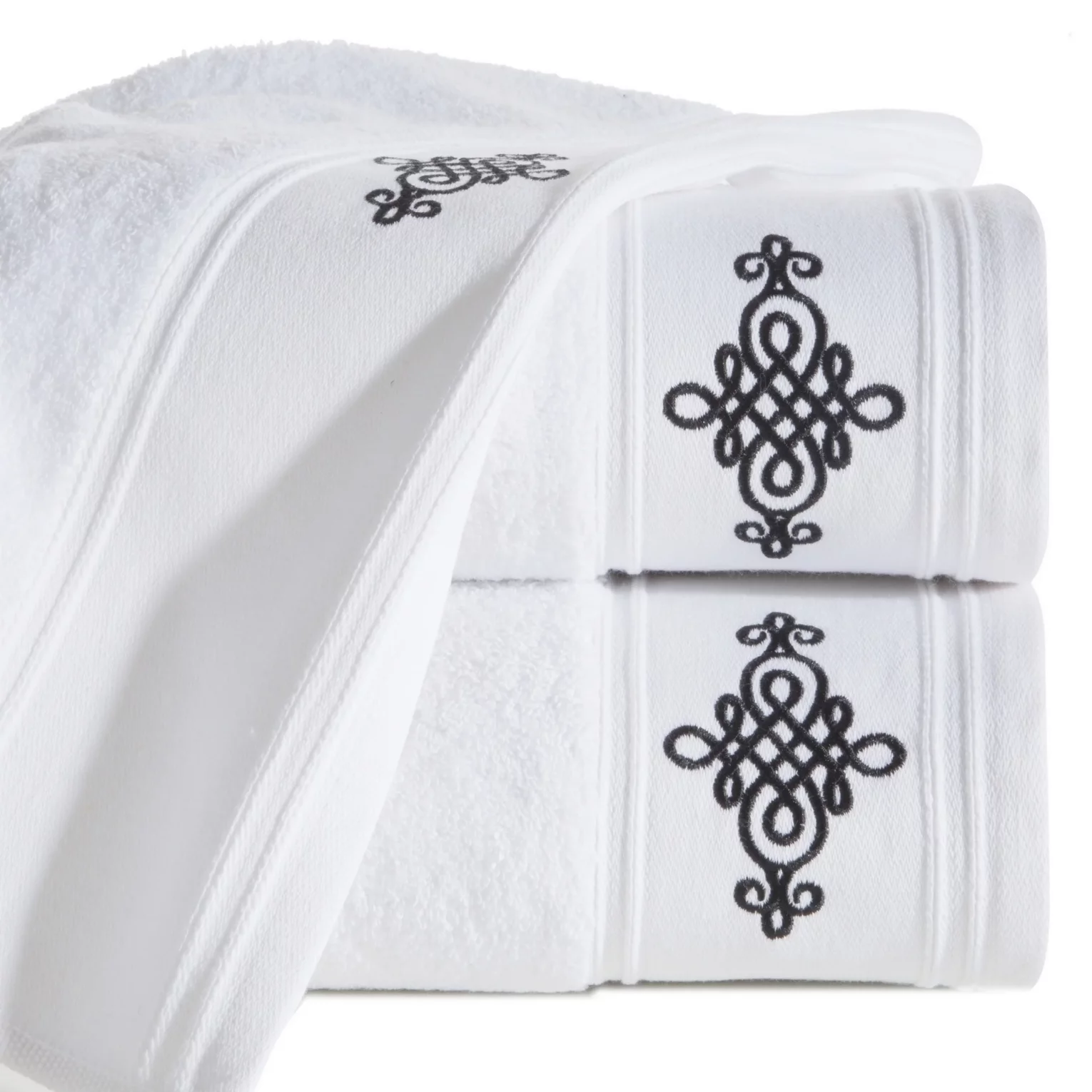 Ręcznik kąpielowy 70x140 cm bawełniany kolor biały z bordiurą zdobioną ornamentowym haftem 600 g/m2 KLAS2