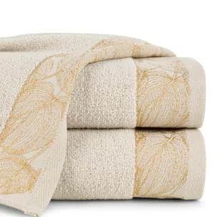 Ręcznik do rąk 30x50 cm bawełniany kolor beżowy,złoty z żakardową bordiurą w liście 400 g/m2 AGIS