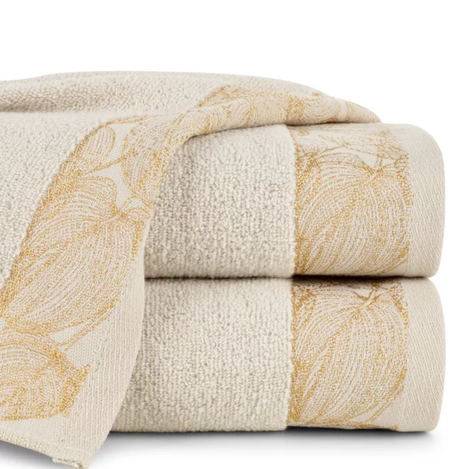 Ręcznik do rąk 30x50 cm bawełniany kolor beżowy,złoty z żakardową bordiurą w liście 400 g/m2 AGIS