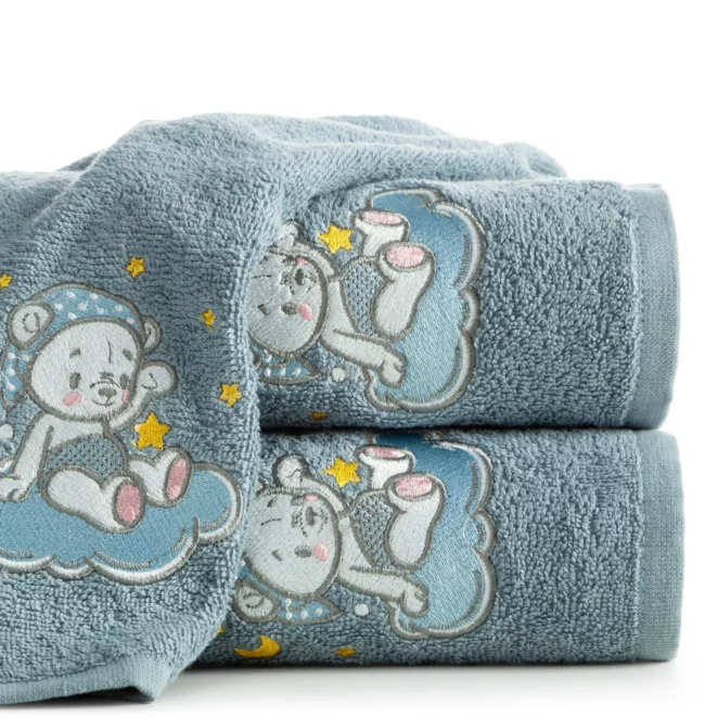 Ręcznik kąpielowy dziecięcy 50x90 cm bawełniany kolor niebieski z aplikacją misia 450 g/m2 BABY 75