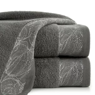 Ręcznik do rąk 30x50 cm bawełniany kolor stalowy,srebrny z żakardową bordiurą w liście 400 g/m2 AGIS