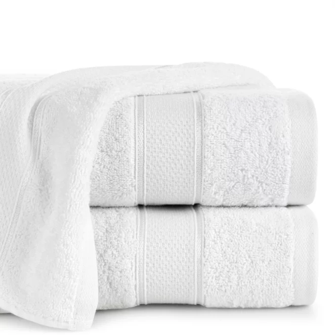 Ręcznik kąpielowy 50x90 cm bawełniany kolor biały z żakardową bordiurą z nowoczesnym złotym wzorem 500 g/m2 LIANA