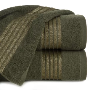 Ręcznik do rąk 30x50 cm bawełniany kolor oliwkowy zdobiony paseczkami przeszywanymi błyszczącą nicią 500 g/m2 LILA