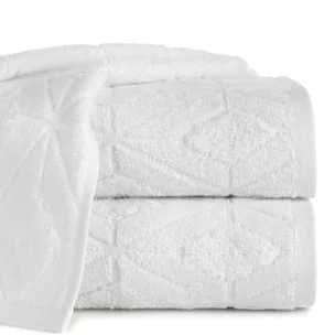 Ręcznik kąpielowy 50x90 cm bawełniany kolor biały zdobiony geometrycznym wzorem 500 g/m2 SENDI