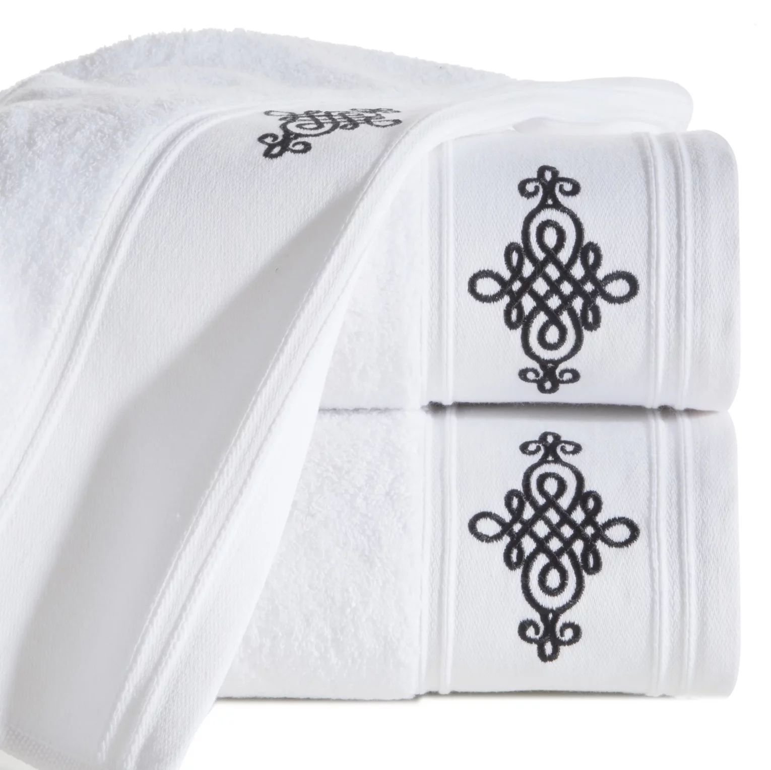 Ręcznik kąpielowy 50x90 cm bawełniany kolor biały z bordiurą zdobioną ornamentowym haftem 600 g/m2 KLAS2