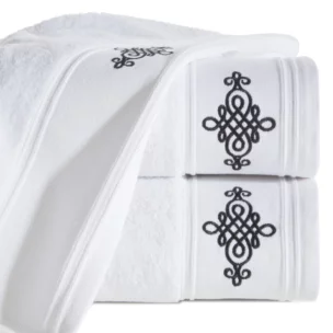 Ręcznik kąpielowy 50x90 cm bawełniany kolor biały z bordiurą zdobioną ornamentowym haftem 600 g/m2 KLAS2