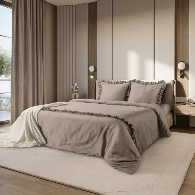 Pościel bawełniana z makosatyny 220x200 cm komplet 3 częściowy kolor beżowy z falbanami w romantycznym stylu Reina Line