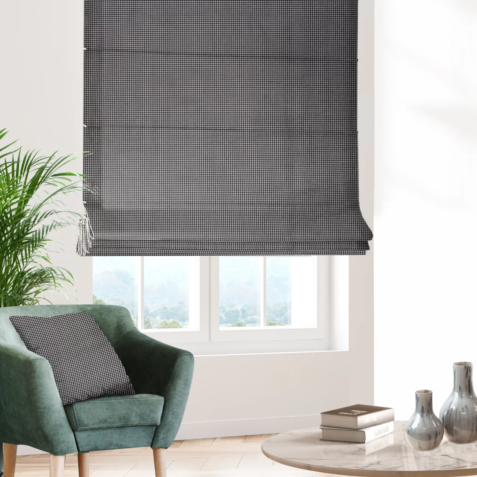 Roleta rzymska czarna tkanina welwetowa z błyszczącym, metalicznym nadrukiem drobnej pepitki