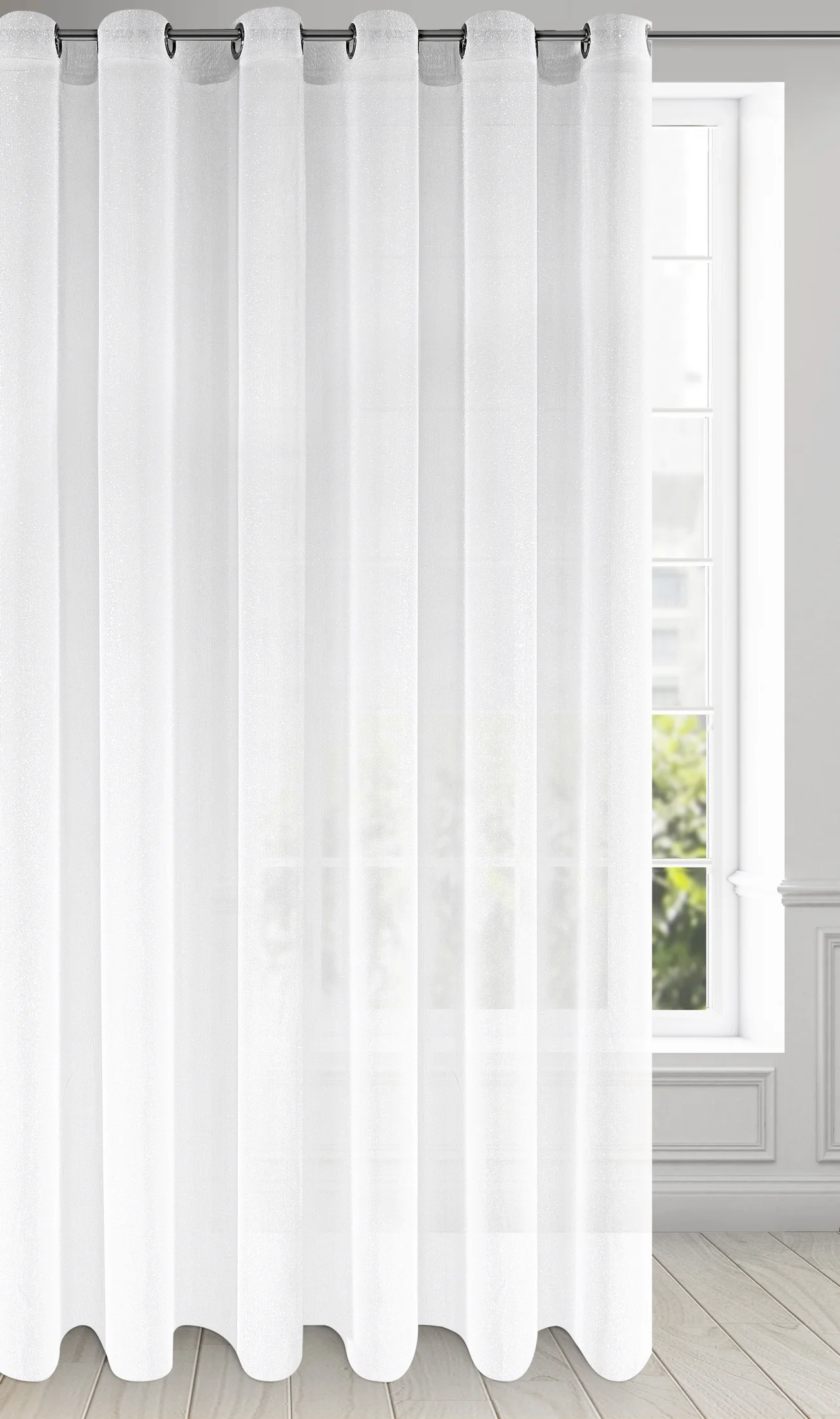 Firana biała z połyskującej siateczki z błyszczącą moherową nicią 350x250 cm przelotka SAKALI