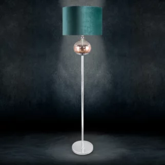 Lampa stojąca do salonu szałwiowo, miedziana na metalowej podstawie z szklaną kula z welwetowym abażurem 43 x 157 cm SALVIA LIMITED COLLECTION