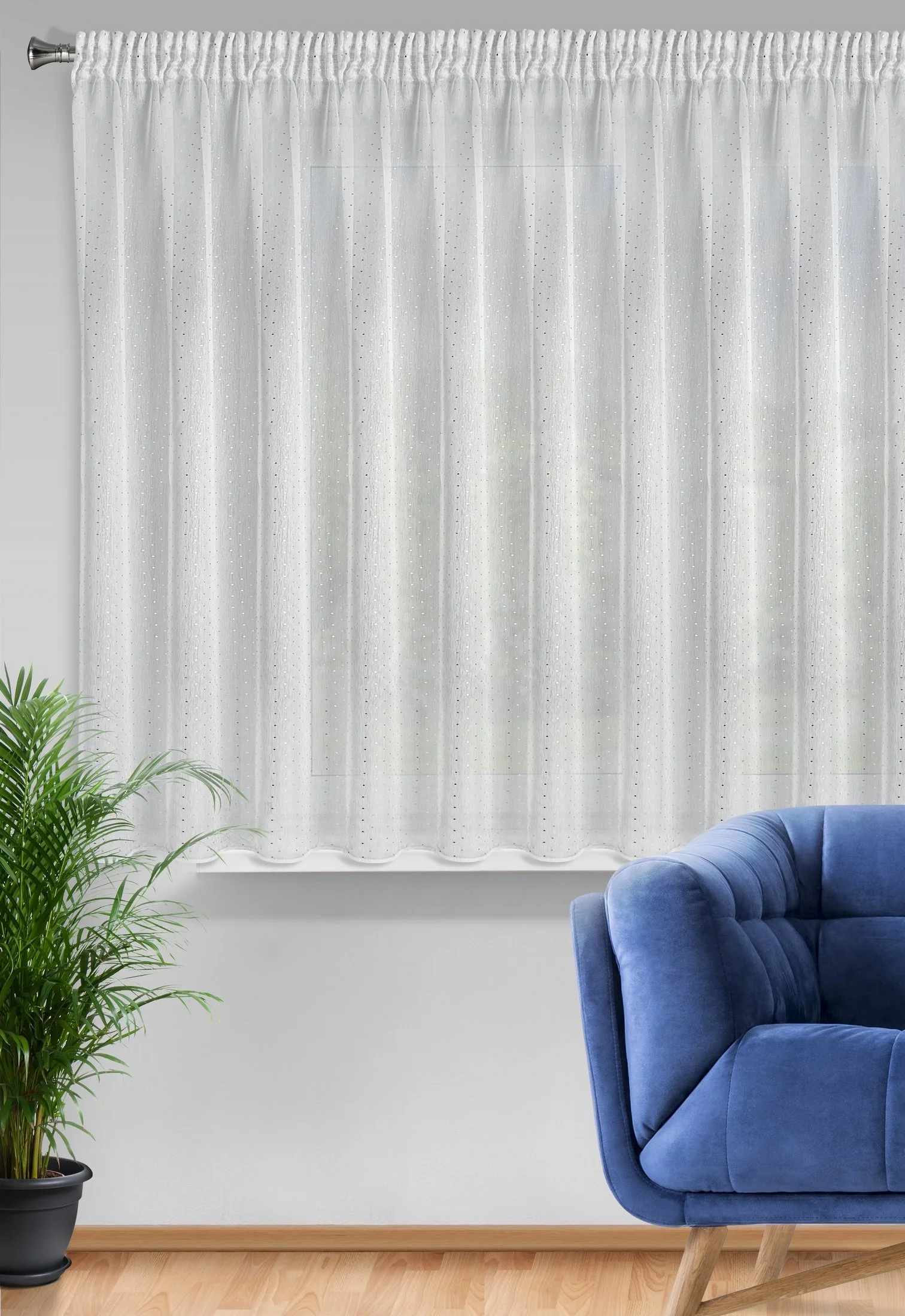 Firana biała z srebrnym nadrukiem drobnych kwadracików 300x150 cm taśma SIBEL